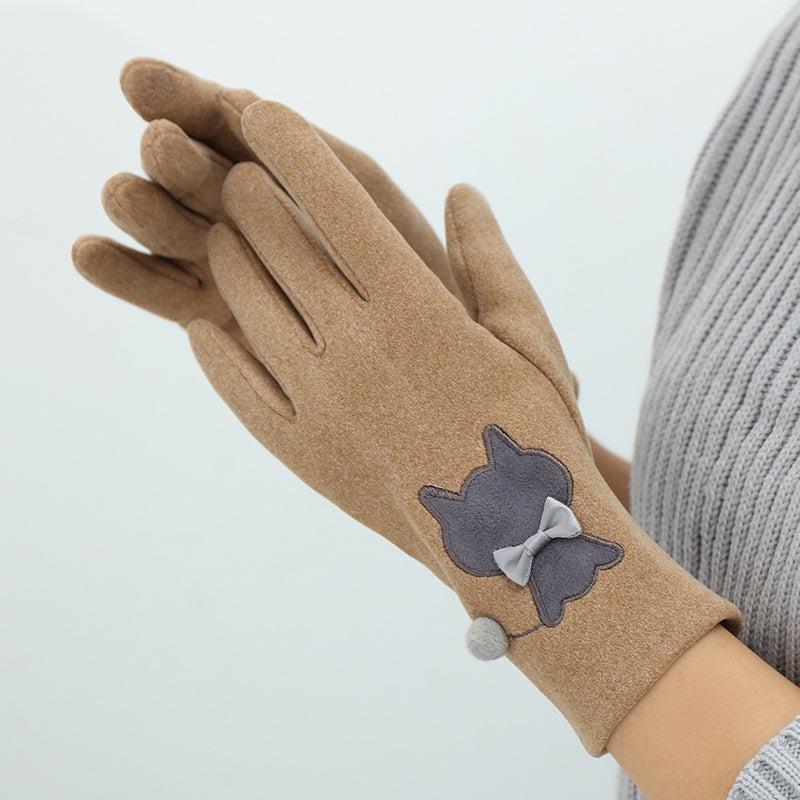 Women's Winter Velvet Gloves Cat Embroidery