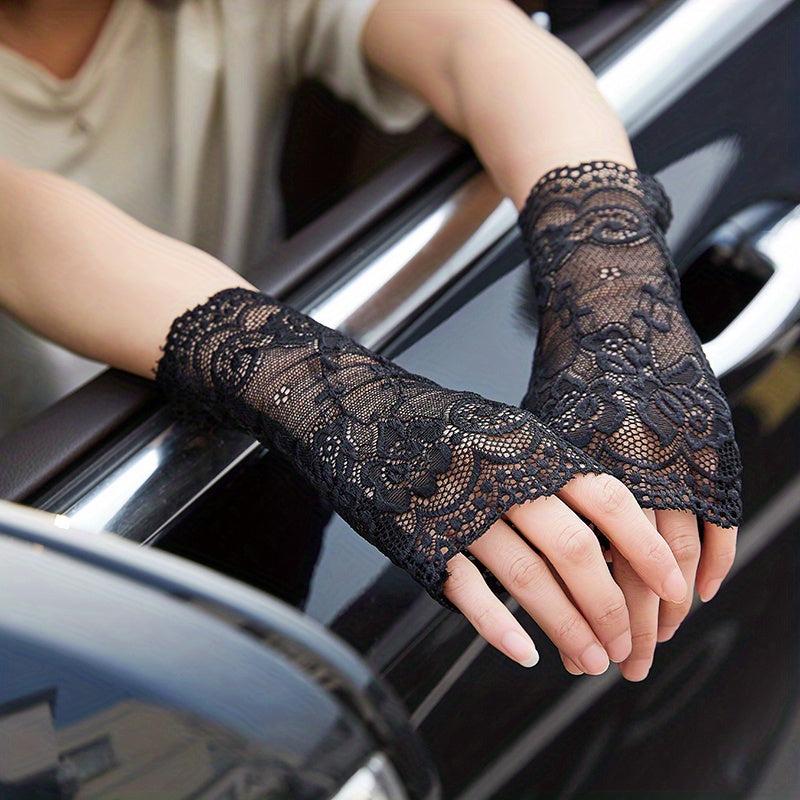 Flower Mesh Lace Sunscreen Gloves - Medium Length