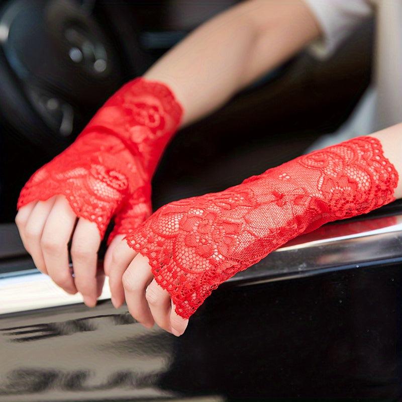 Flower Mesh Lace Sunscreen Gloves - Medium Length