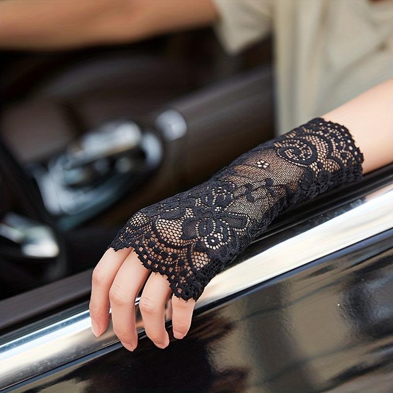 Flower Mesh Lace Sunscreen Gloves - Medium Length