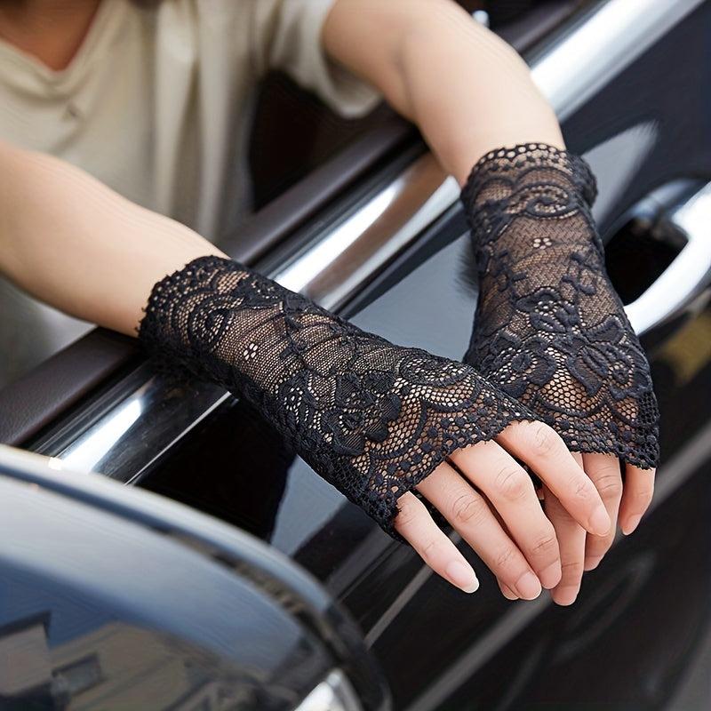 Flower Mesh Lace Sunscreen Gloves - Medium Length