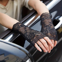 Flower Mesh Lace Sunscreen Gloves - Medium Length