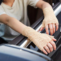 Flower Mesh Lace Sunscreen Gloves - Medium Length
