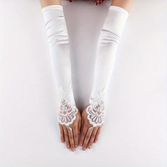 Satin Lace Long Gloves Rhinestone Soft Solid Gloves Wedding Bridal Dress