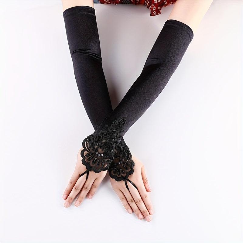 Satin Lace Long Gloves Rhinestone Soft Solid Gloves Wedding Bridal Dress