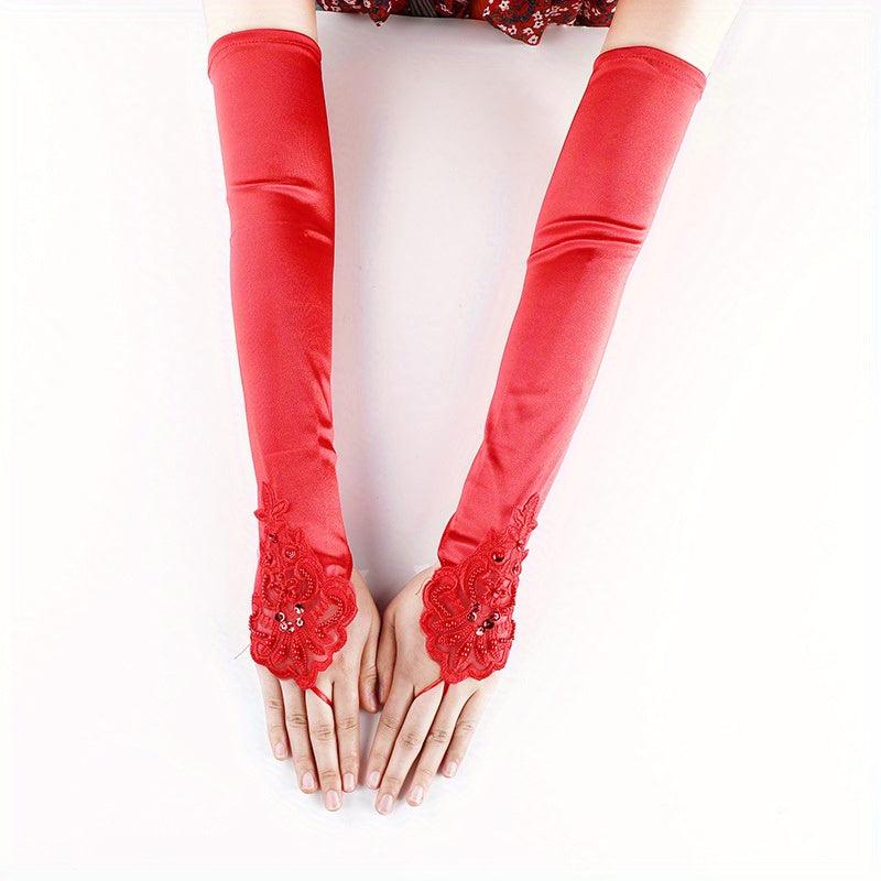 Satin Lace Long Gloves Rhinestone Soft Solid Gloves Wedding Bridal Dress