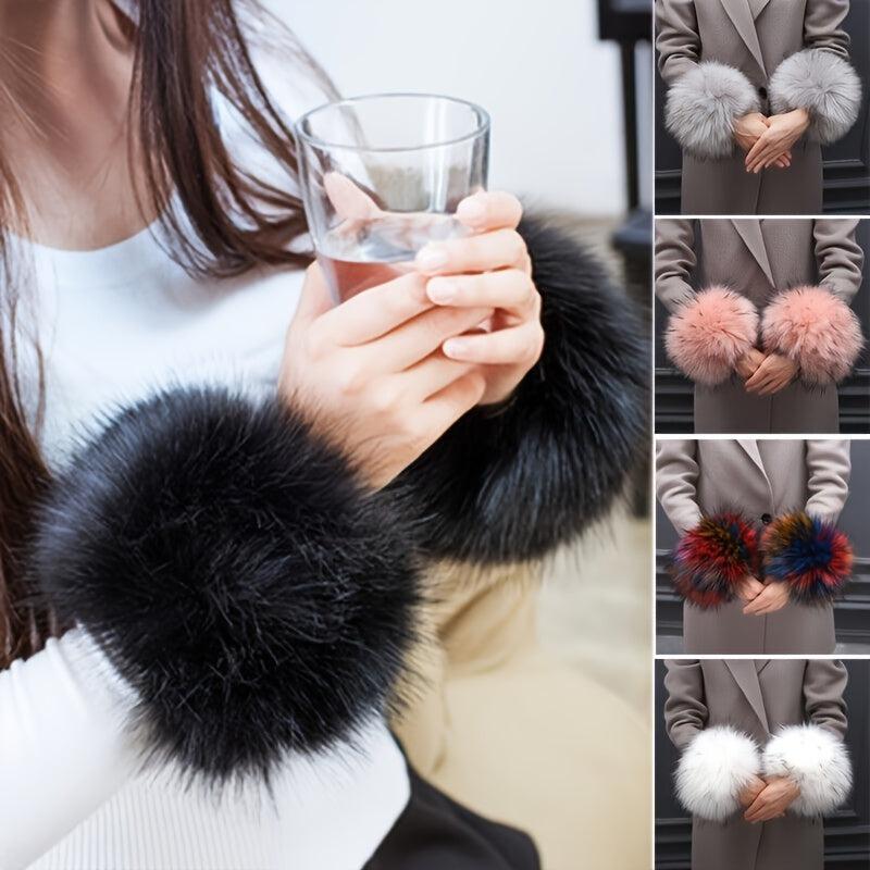 2pcs Winter Faux Fur Arm Warmers Short Wrist Band Cuffs for Women