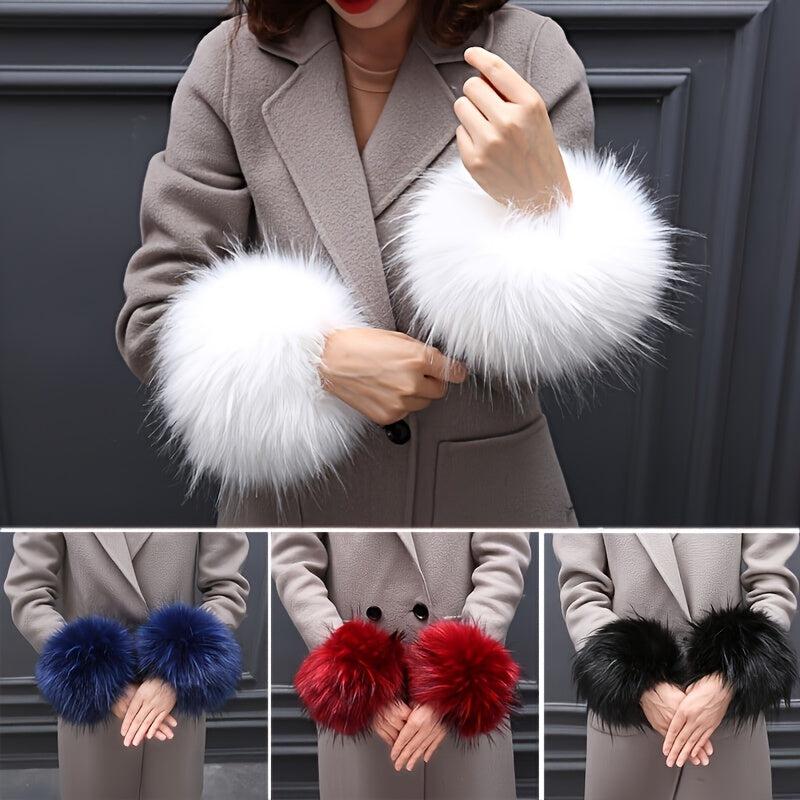 2pcs Winter Faux Fur Arm Warmers Short Wrist Band Cuffs for Women