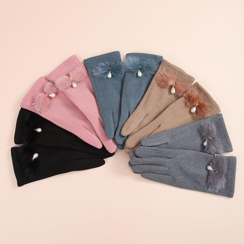 Winter Knitted Warm Gloves Faux Pearl Decor Gloves Windproof