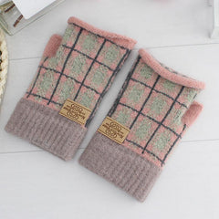 Women's Plaid Striped Woolen Half Finger Gloves