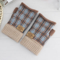 Women's Plaid Striped Woolen Half Finger Gloves