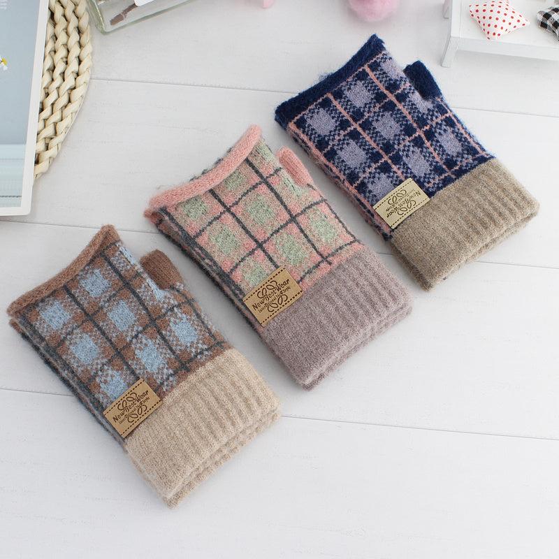 Women's Plaid Striped Woolen Half Finger Gloves