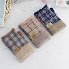 Women's Plaid Striped Woolen Half Finger Gloves