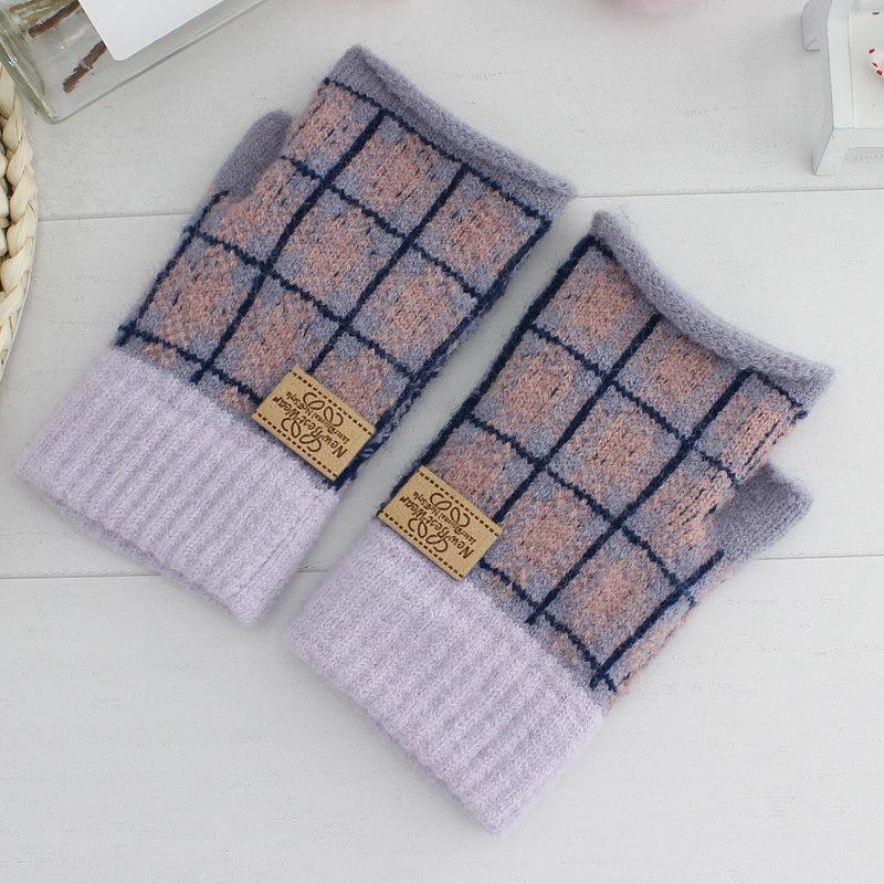 Women's Plaid Striped Woolen Half Finger Gloves
