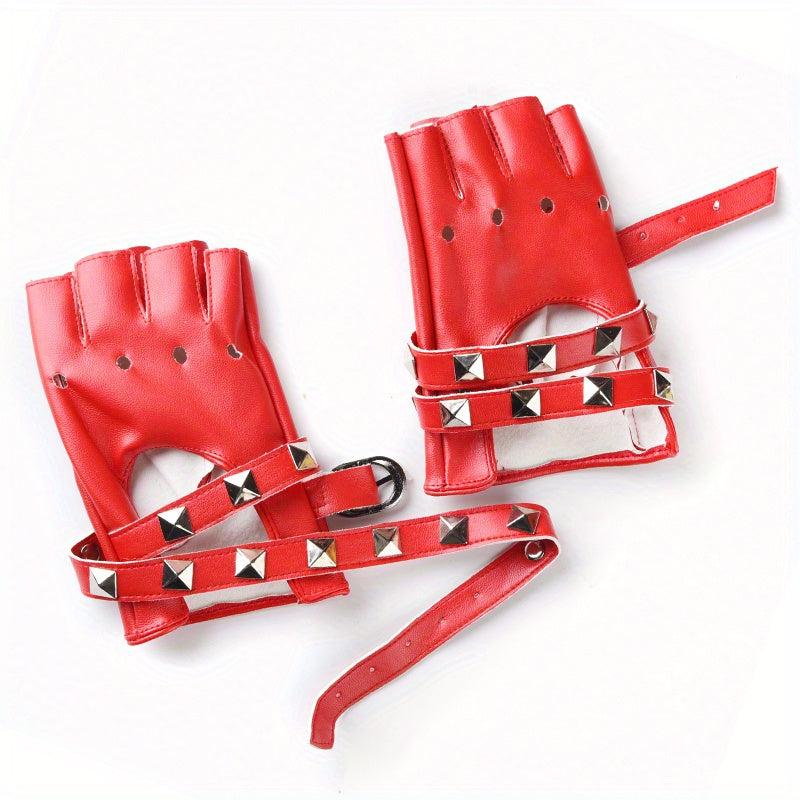 Punk PU Leather Half Finger Gloves Rivet Gothic Hollow Out Gloves Women