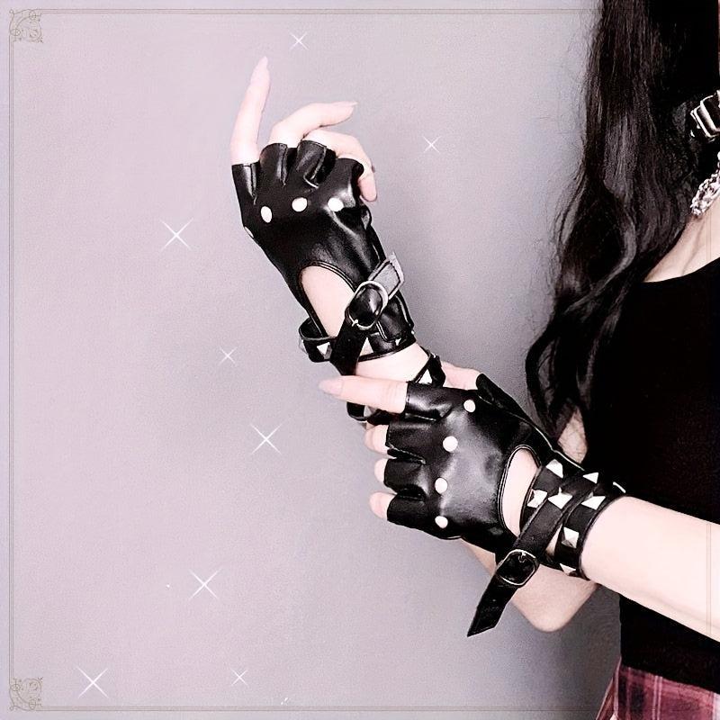 Punk PU Leather Half Finger Gloves Rivet Gothic Hollow Out Gloves Women