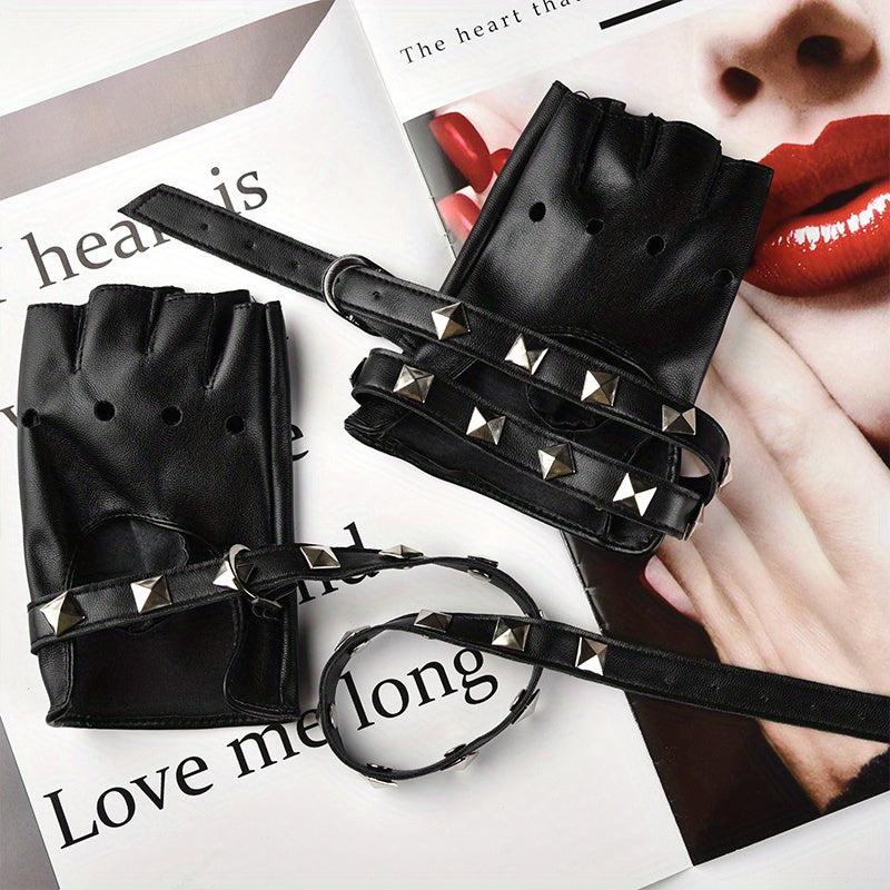 Punk PU Leather Half Finger Gloves Rivet Gothic Hollow Out Gloves Women