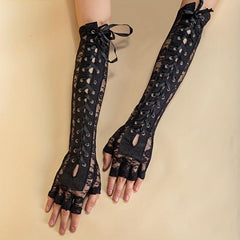 Y2K Lace Up Long Gloves Half Finger Decorative Bowknot Punk Gloves