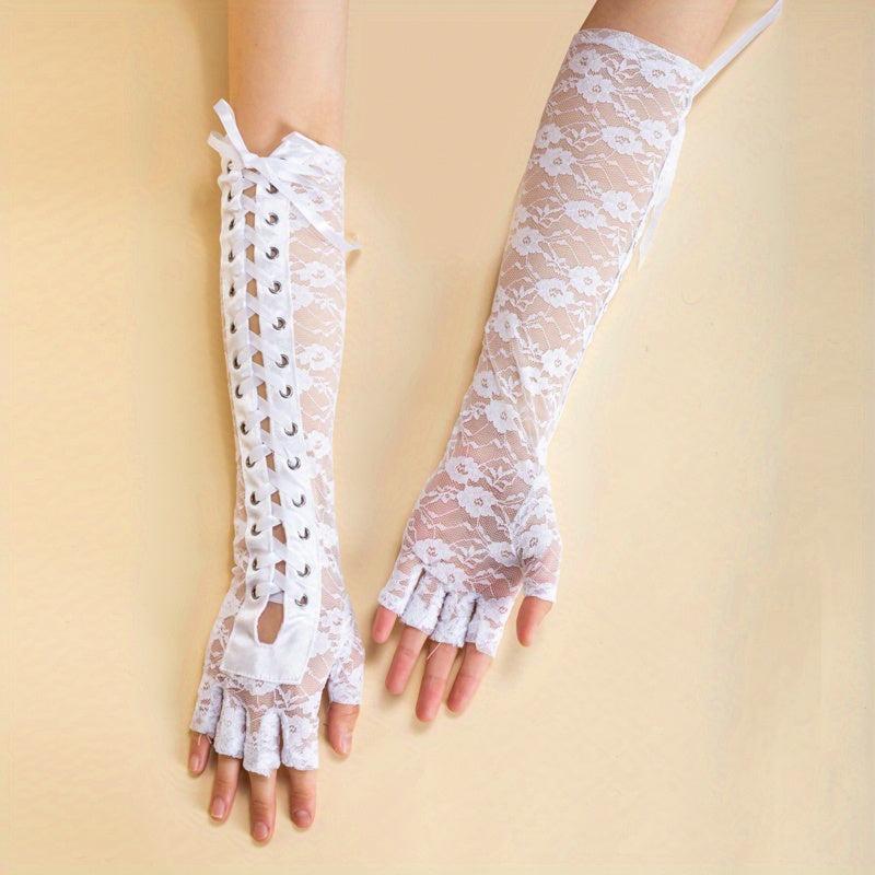 Y2K Lace Up Long Gloves Half Finger Decorative Bowknot Punk Gloves