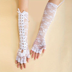 Y2K Lace Up Long Gloves Half Finger Decorative Bowknot Punk Gloves