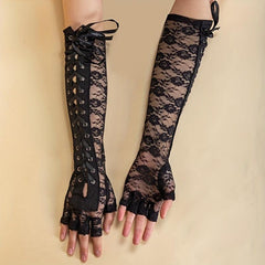Y2K Lace Up Long Gloves Half Finger Decorative Bowknot Punk Gloves