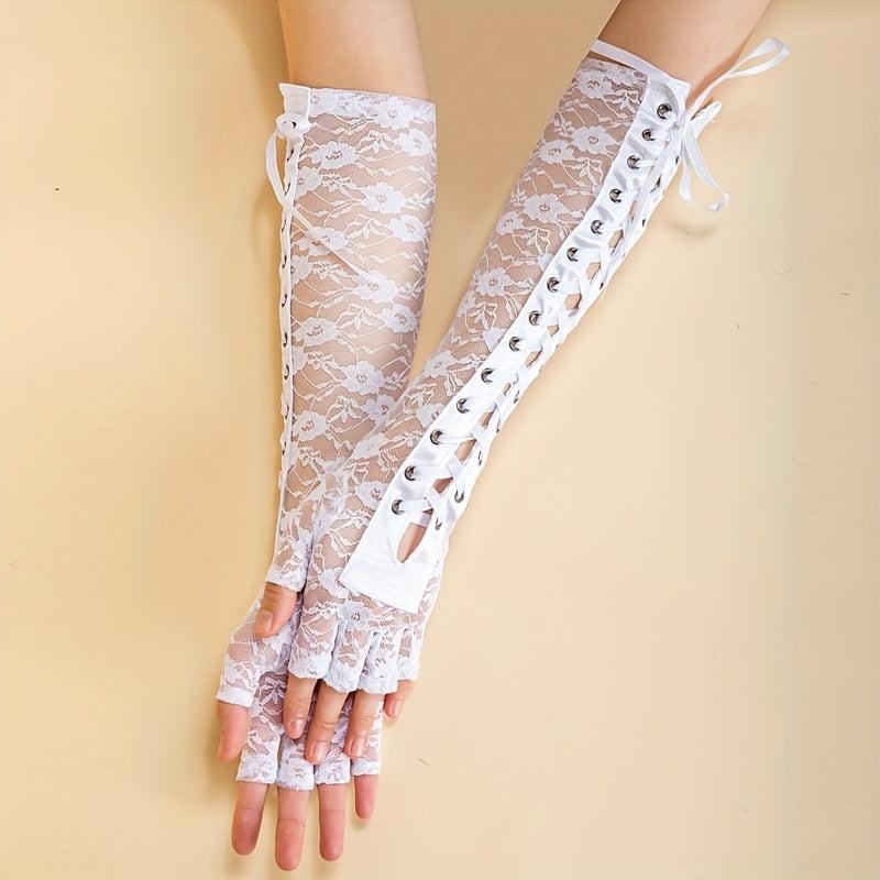 Y2K Lace Up Long Gloves Half Finger Decorative Bowknot Punk Gloves