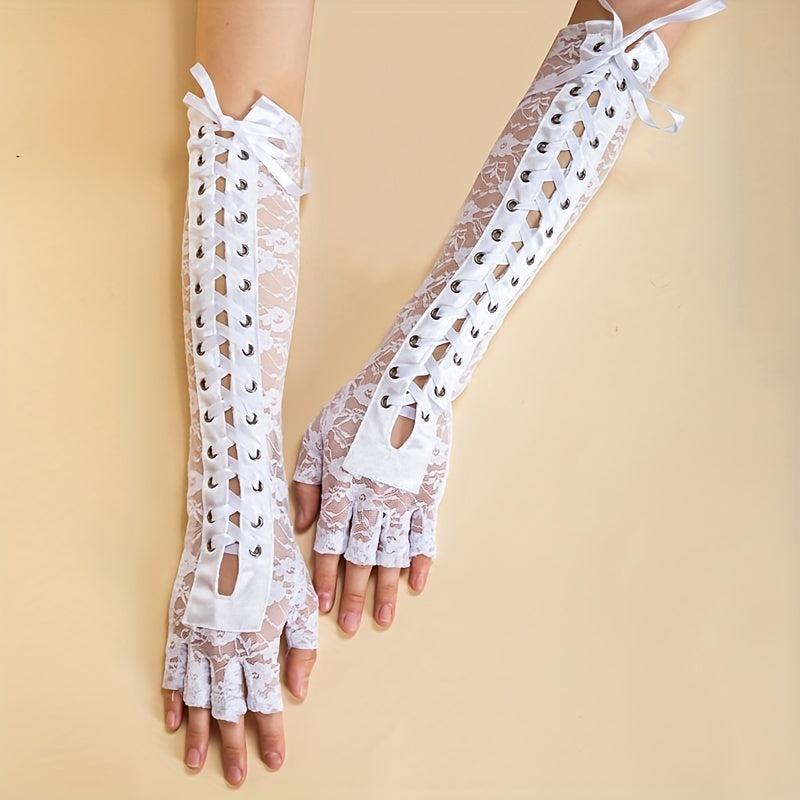 Y2K Lace Up Long Gloves Half Finger Decorative Bowknot Punk Gloves