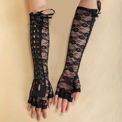 Y2K Lace Up Long Gloves Half Finger Decorative Bowknot Punk Gloves