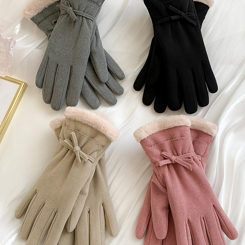 Women's Warm Gloves Outdoor Riding Driving Bow Plus Fleece Mittens