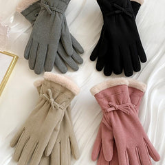 Women's Warm Gloves Outdoor Riding Driving Bow Plus Fleece Mittens