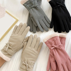 Women's Warm Gloves Outdoor Riding Driving Bow Plus Fleece Mittens