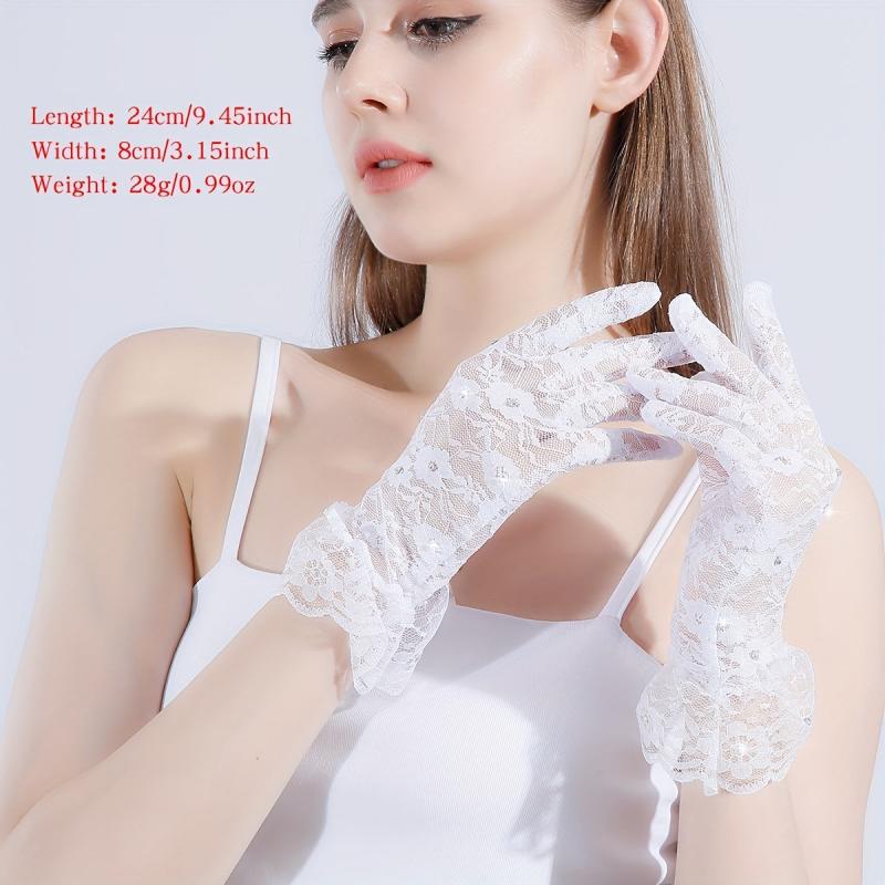 Lace Gloves Faux Pearl Decor Jacquard Bridal Wedding Gloves