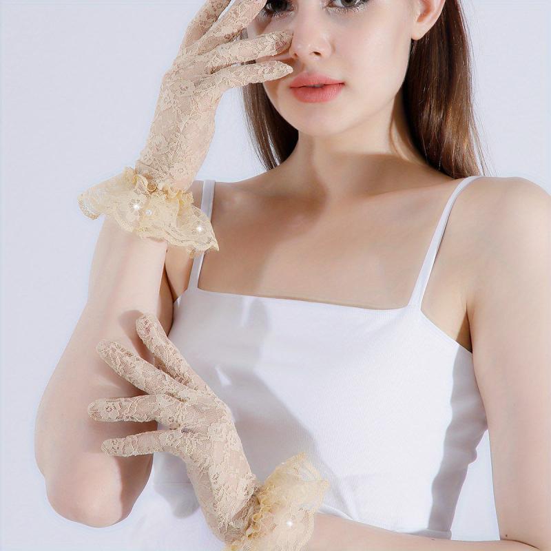 Lace Gloves Faux Pearl Decor Jacquard Bridal Wedding Gloves