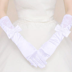 Classic Satin Long Gloves with Bowknot for Wedding Tea Party Lace Gloves