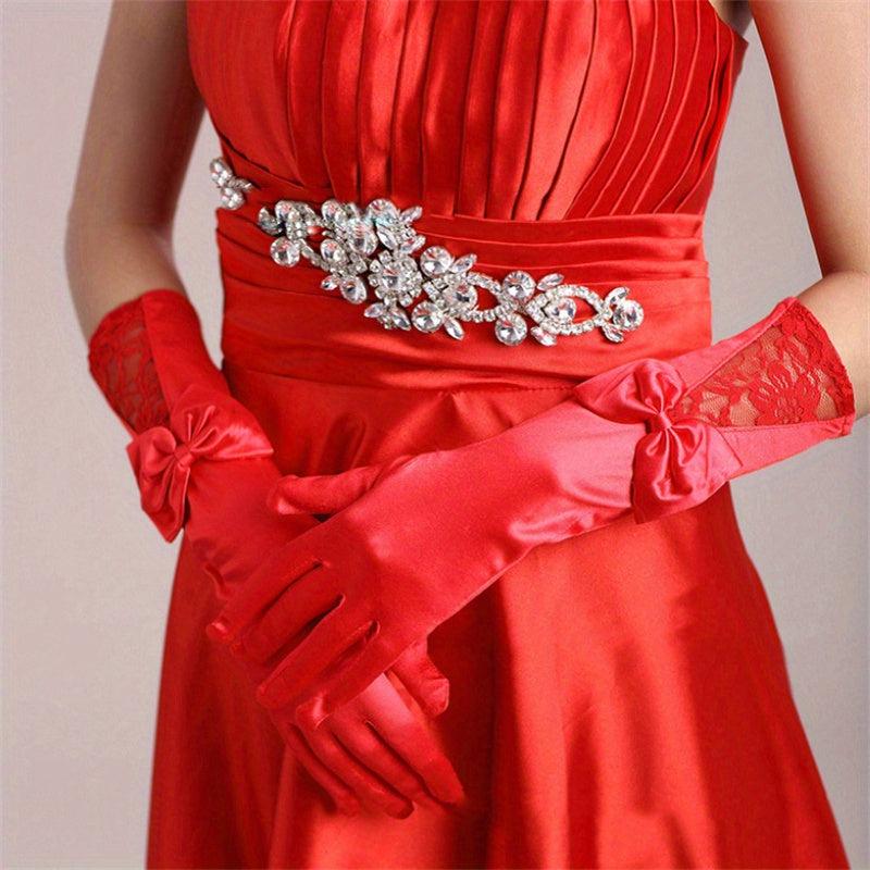 Classic Satin Long Gloves with Bowknot for Wedding Tea Party Lace Gloves