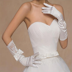 Classic Satin Long Gloves with Bowknot for Wedding Tea Party Lace Gloves