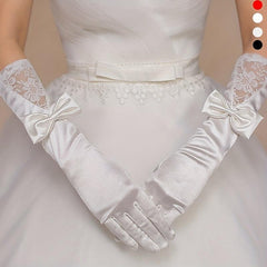 Classic Satin Long Gloves with Bowknot for Wedding Tea Party Lace Gloves