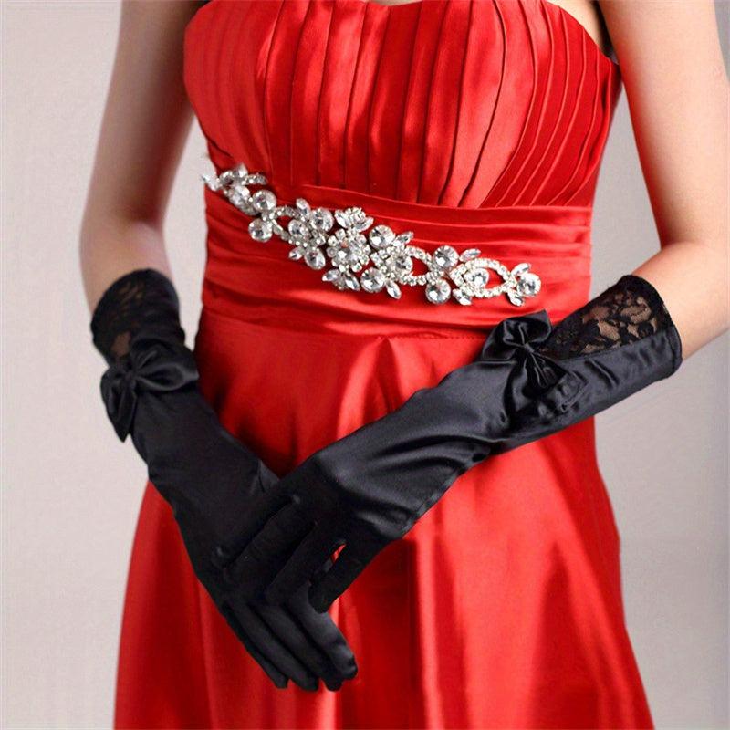 Classic Satin Long Gloves with Bowknot for Wedding Tea Party Lace Gloves