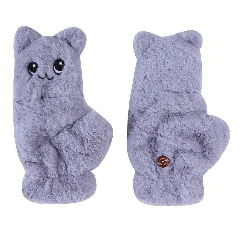 Plush Animal Gloves Flip Cover Cartoon Cat Gloves For Women