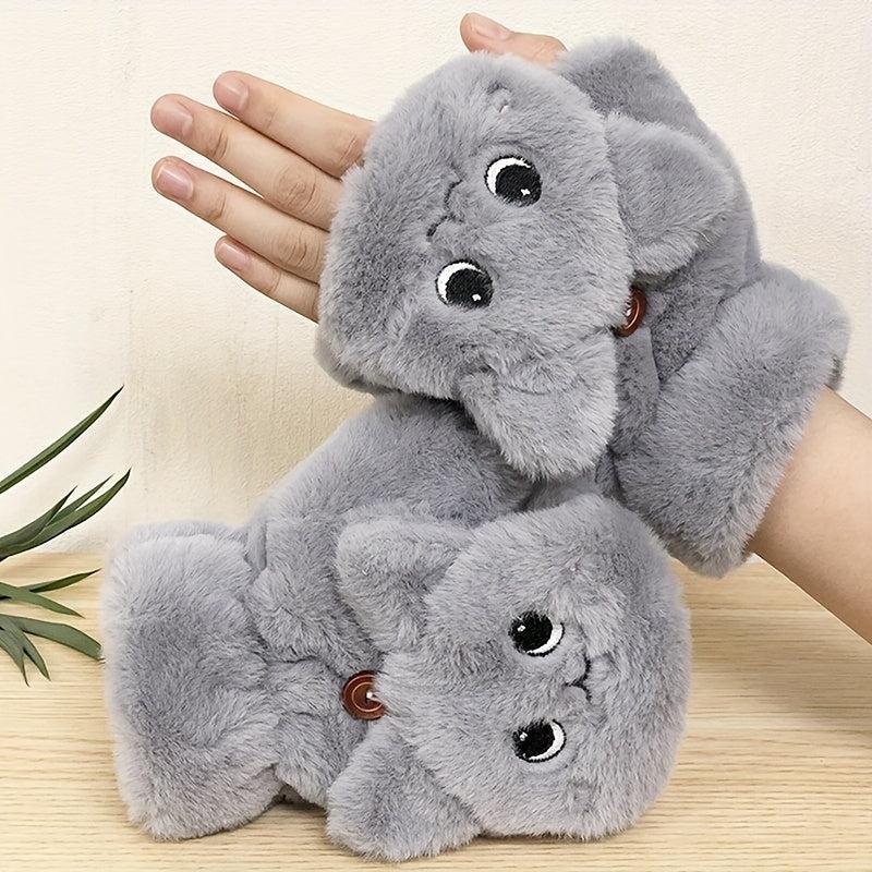 Plush Animal Gloves Flip Cover Cartoon Cat Gloves For Women