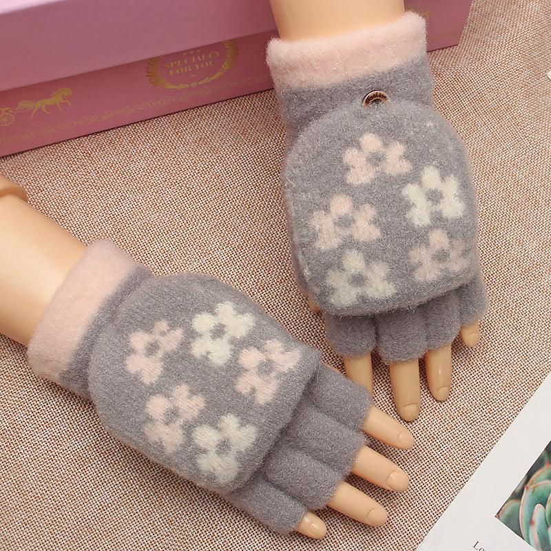 Women's Flower Fleece Half Finger Flap Warm Gloves Winter Mittens