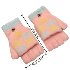 Women's Flower Fleece Half Finger Flap Warm Gloves Winter Mittens