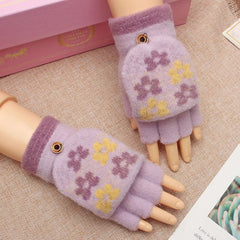 Women's Flower Fleece Half Finger Flap Warm Gloves Winter Mittens