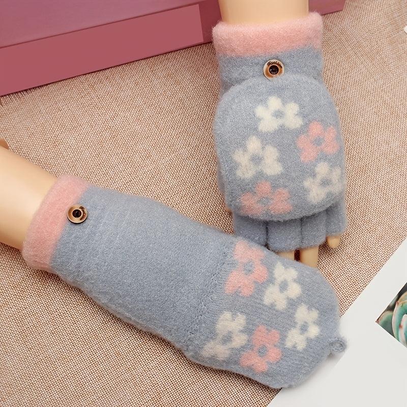 Women's Flower Fleece Half Finger Flap Warm Gloves Winter Mittens
