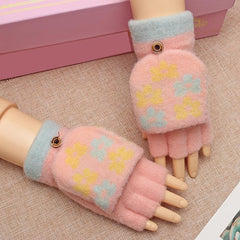 Women's Flower Fleece Half Finger Flap Warm Gloves Winter Mittens