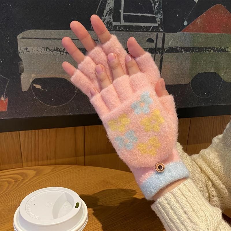 Women's Flower Fleece Half Finger Flap Warm Gloves Winter Mittens
