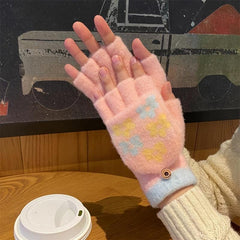 Women's Flower Fleece Half Finger Flap Warm Gloves Winter Mittens