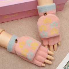 Women's Flower Fleece Half Finger Flap Warm Gloves Winter Mittens