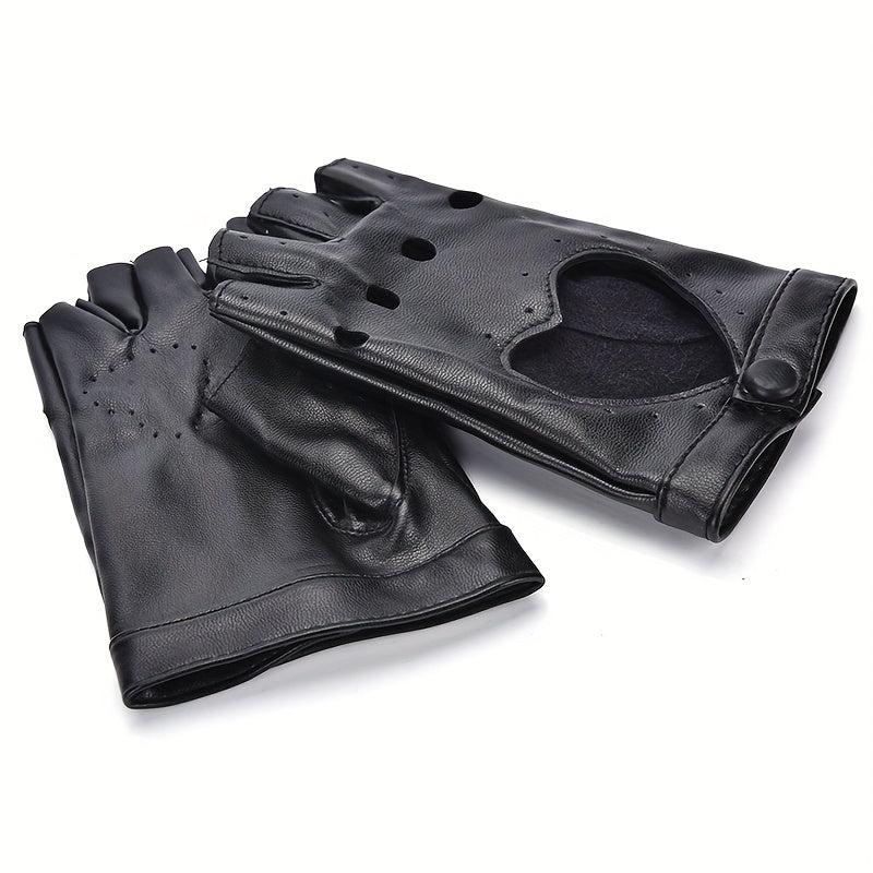 Punk Leather Gloves Hollow Out Driving Biking Fingerless Mittens