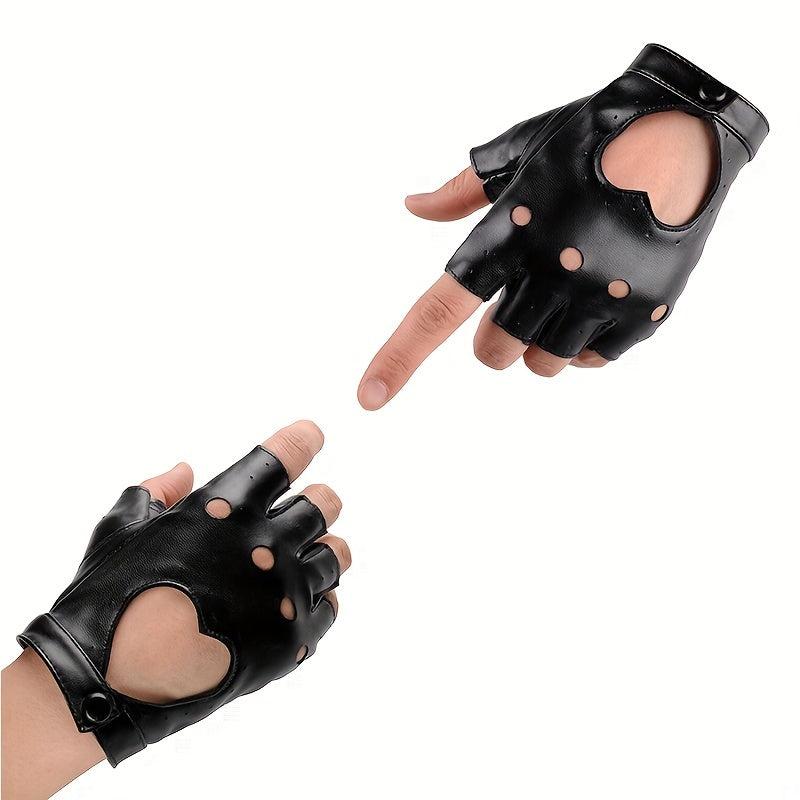 Punk Leather Gloves Hollow Out Driving Biking Fingerless Mittens